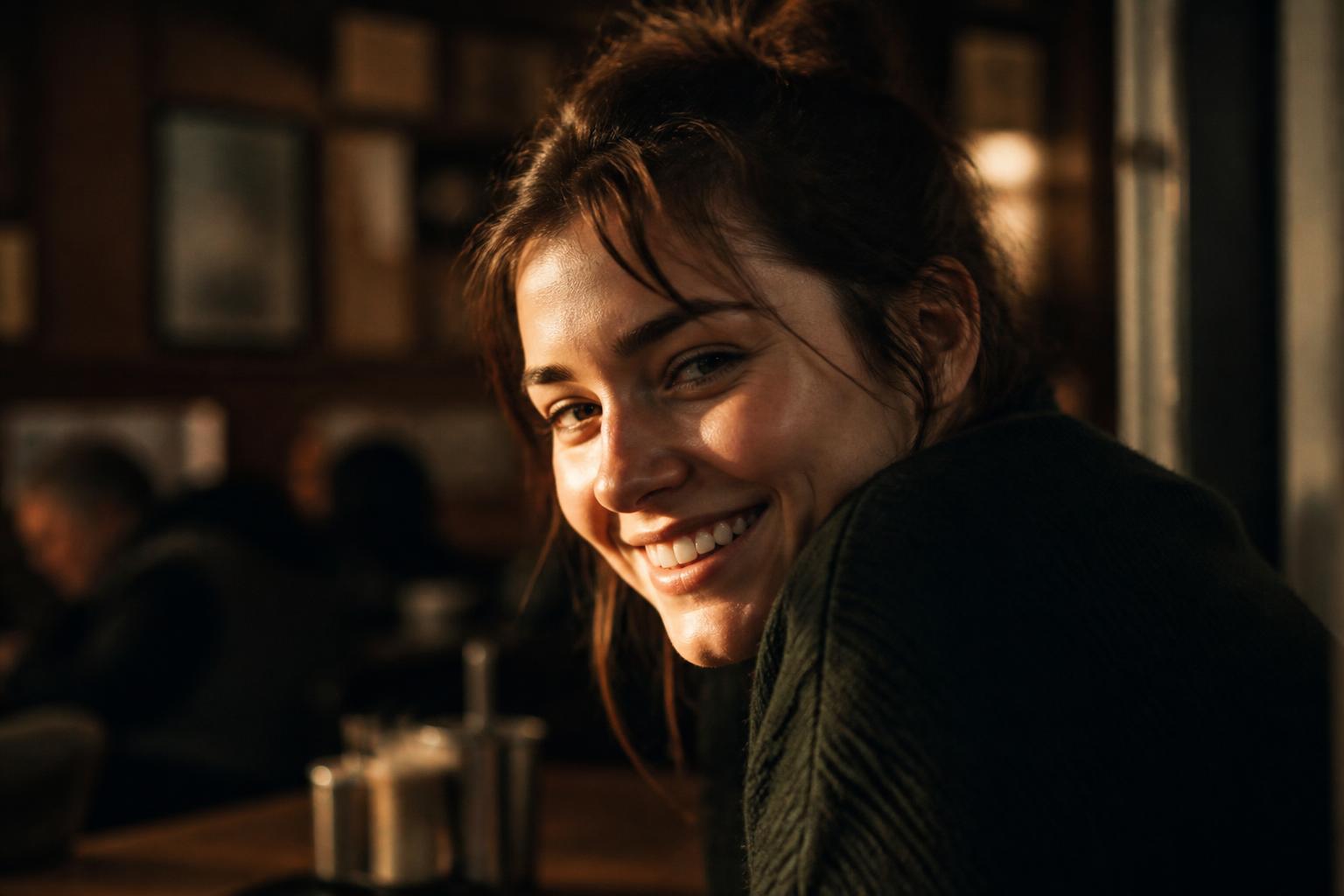Someone smiling in a neighbourhood cafe, open to meeting whoever walks in